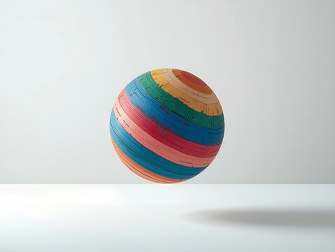 Vibrant multicolor wooden sphere floating in soft minimalist background
