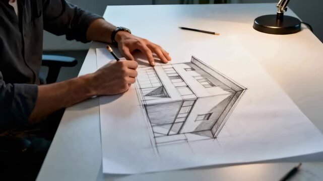 Lamp lighting, designer hands in dark shirt sketching two-story house on desk, refining perspective