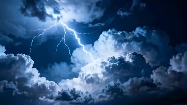 Starting upper-left, branched lightning bolt lighting towering clouds at night, releasing charge