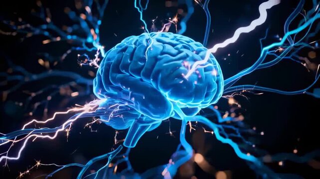 Pulsing neon 3D brain reacting to lightning arc in dark space with conduits emitting electric arcs