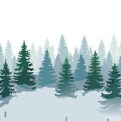 Obraz premium Forest of evergreen trees in a misty landscape illustration