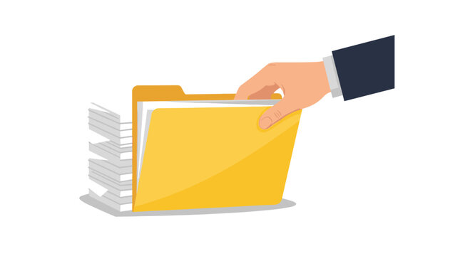 A person in a professional dark suit sleeve carefully places a white document inside an open yellow paper file folder against a plain white background in a studio setting.
