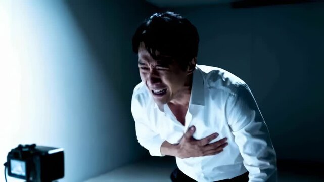 Feeling chest pain man in white shirt clutching chest leaning to tripod camera in left-lit studio