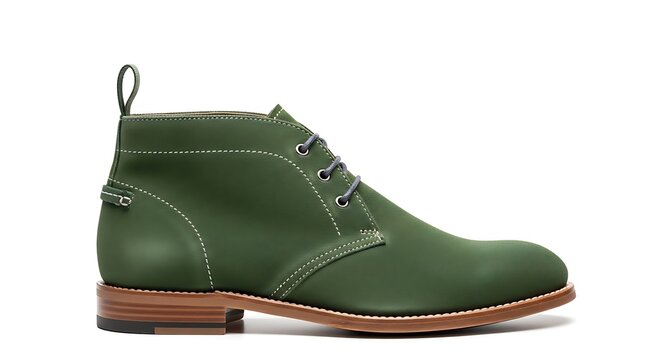 A single olive green chukka boot with a polished wooden sole and grey laces for modern lifestyle catalogs.