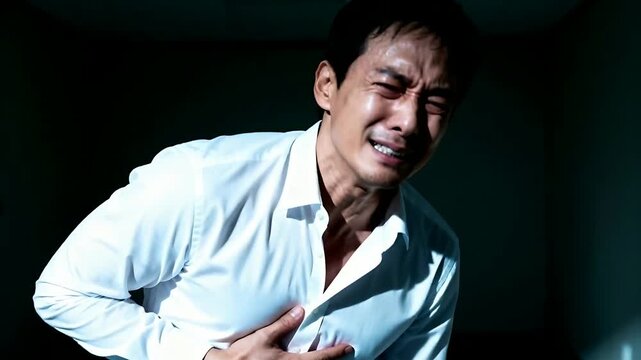 Clutching chest after sudden pain, Asian man bending forward, sweating in plain room in white shirt