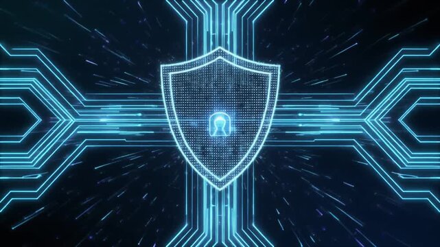A glowing blue shield with a robot symbol is centered on a futuristic circuit board background with neon lines radiating outward.