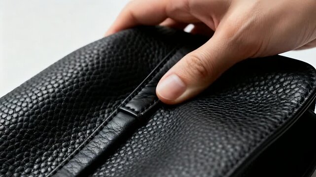 Approaching right hand pressing and lifting black bag flap on white table, revealing dark interior
