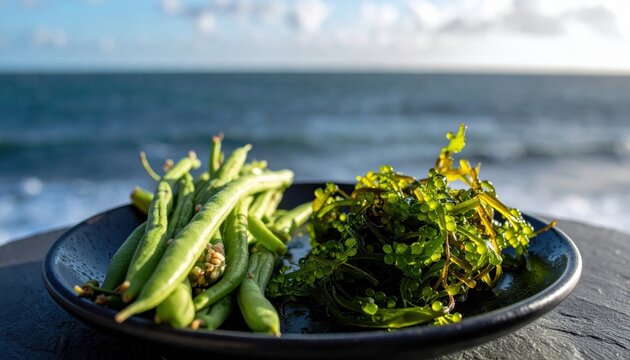Fresh foraged sea beans and samphire served on a dark ceramic plate with a blurred ocean background representing healthy coastal cuisine and seasonal gourmet ingredients for fine dining.
