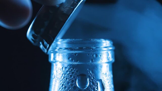 Slow motion close up of hand popping metal cap off glass bottle with condensation in dark studio setting