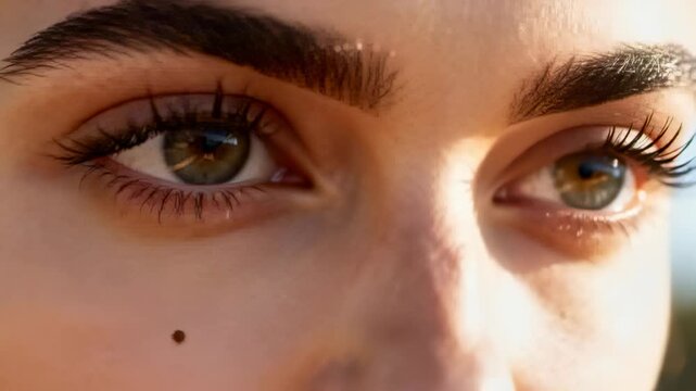 Catching warm sun, adult female lowering eyelids reopening hazel eyes outside, showing beauty mark