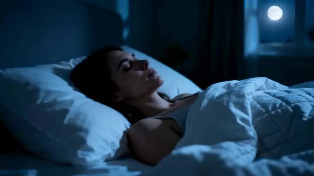 Sleeping adult woman wearing tank breathing in bedroom with pillow and quilt, moonlight lulling her