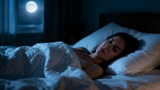 Sleeping woman in tank breathing steadily in bedroom near window with moonlight on quilt and pillow