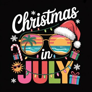 A vibrant and playful design celebrating Christmas in July with sunglasses, palm trees, and holiday cheer.