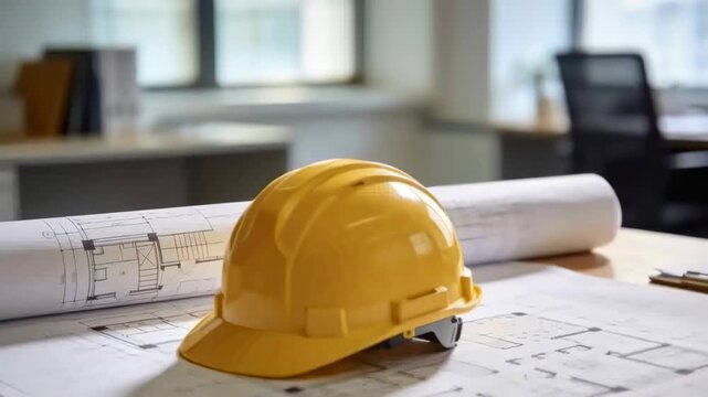 Moving camera shifting closer to office desk, bringing yellow hard hat and plans into focus