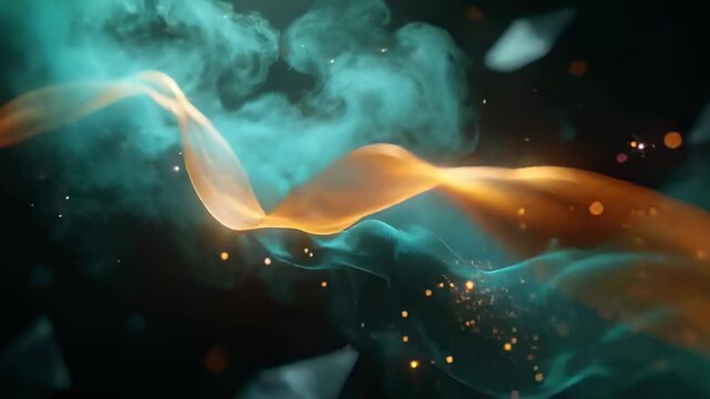 Playing gold ribbon weaving through dark void, teal smoke trailing and orange sparks scattering