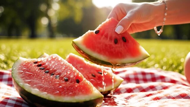 Hand picking juicy watermelon slices on picnic blanket