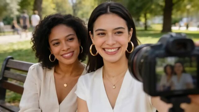 Camera starting recording smiling two women speaking on bench in blouses and gold hoops for segment