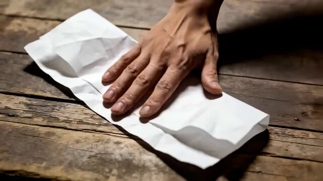 Placing palm right hand smoothing, folding crumpled white sheet on wood table to flatten creases