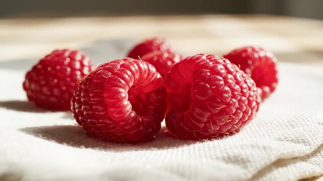 Juicy Red Raspberries Freshly Picked on Fabric