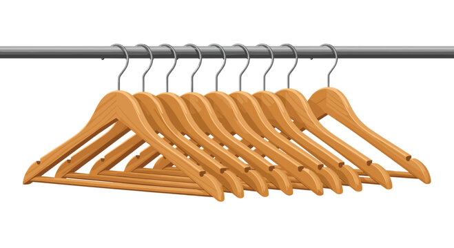 A row of light wooden clothes hangers hanging in a sequence on a thin horizontal metal rod against a plain white background in a clean studio lighting setup for retail presentation