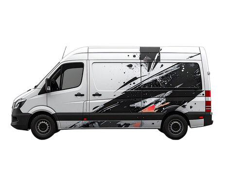 White van with abstract black, white, and red graphics on side