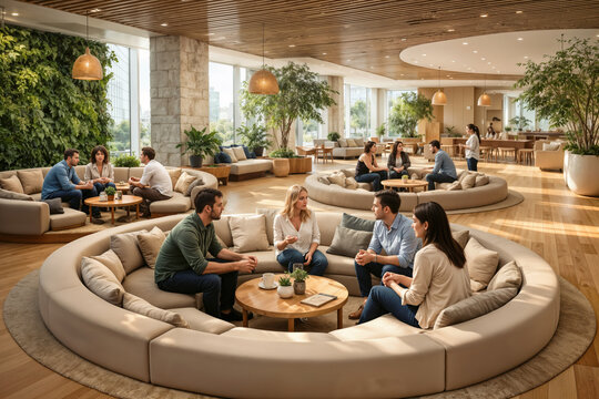 Human-centric modern office interior with recessed circular conversation pits biophilic design collaborative social wellness workspace emphasizing employee wellbeing and workplace transformation