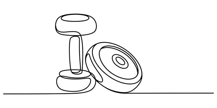Continuous single line drawing of a dumbbell and a weight plate for gym fitness workout equipment concept in a simple minimalist art style illustration
