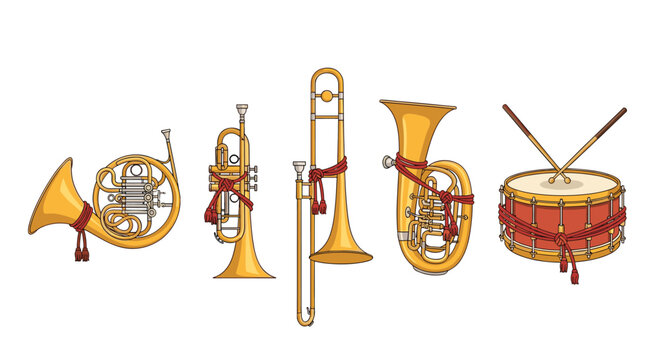 A group of polished brass wind instruments and a snare drum decorated with crimson decorative ropes are arranged against a stark white background for musical themes.