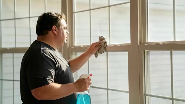 Starting with spray bottle, t-shirted man cleaning multi-pane window at home with cloth, copy space