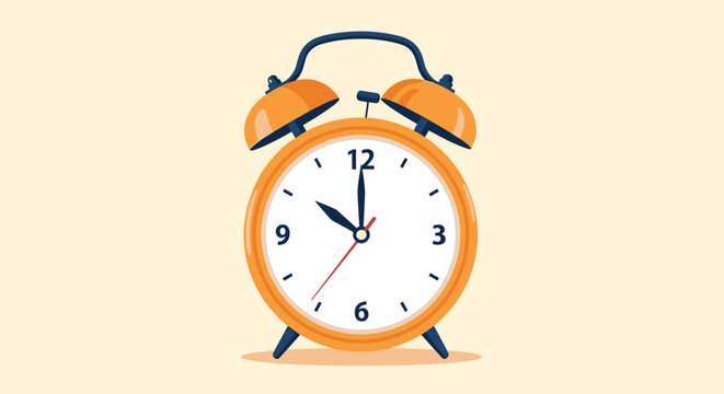 Orange twin bell alarm clock displays ten o'clock precisely against a plain light yellow studio background for time concepts.