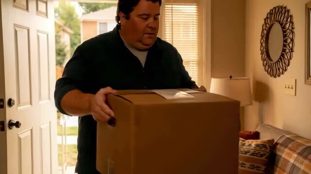Walking man in dark button-up through door into living room, carrying large sealed box toward couch