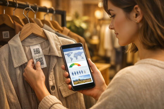 Shopper scanning garment QR code to reveal digital product passport with supply chain map carbon footprint and worker welfare ratings sustainable fashion transparency retail moment