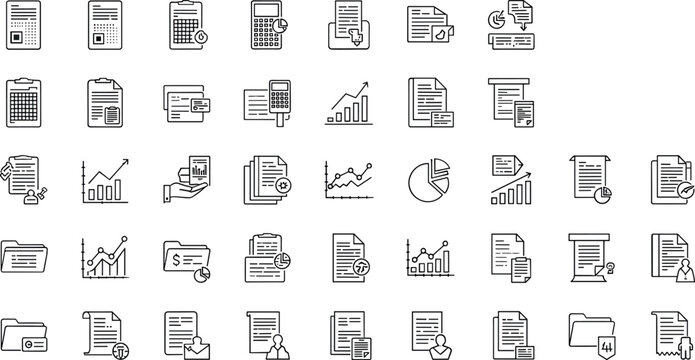 Business document analytics report management invoice workflow statistics chart finance office paperwork outline vector icon collection set