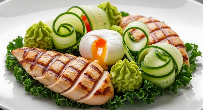 Dada ayam panggang dengan telur rebus kale dan mentimun