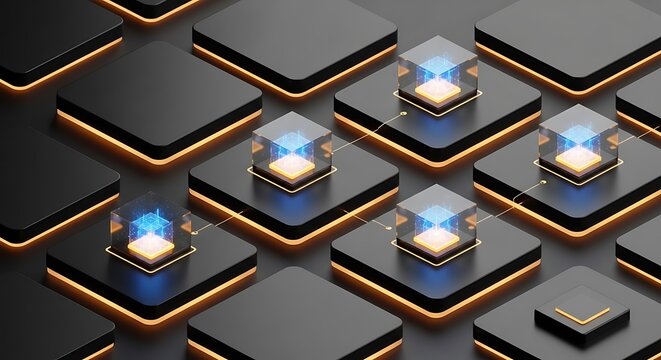 Modern geometric platform with glowing spheres in futuristic design