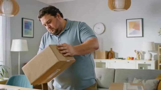 Leaning, man in blue polo peeling tape off boxes at living room table, checking shipping labels