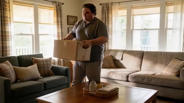 Appearing right, man in gray polo carrying cardboard box across living room, preparing to set down