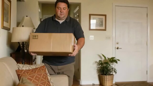 Carrying cardboard box, man entering home and walking to sofa, bringing delivered parcel inside
