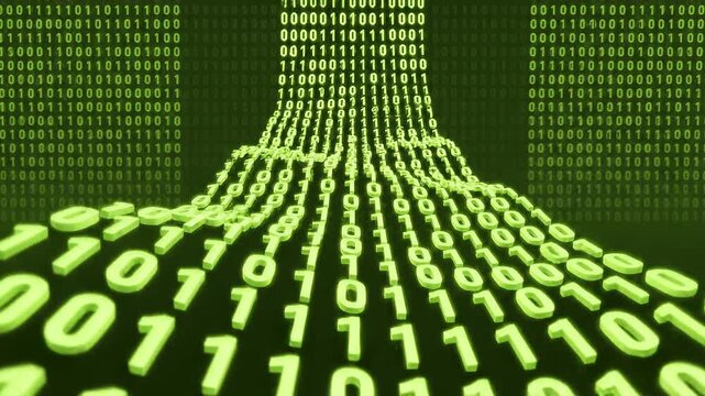Tracking shot of binary digits flowing forward as data stream along virtual interface in dark server room with neon green glowing matrix