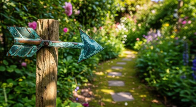 A weathered copper arrow with green patina affixed to a rustic wooden post guides visitors down a sun-dappled garden path.