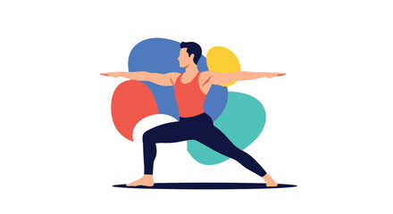 Fototapeta premium Man practices a strong yoga warrior pose against a background of vibrant abstract circles to represent strength and focus.