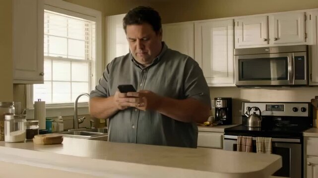 Tapping man in grey short-sleeve shirt checking phone at kitchen island, with sink and microwave