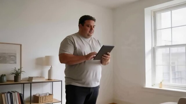 Tapping adult male in light gray T-shirt and dark pants, scrolling tablet by large window, glancing