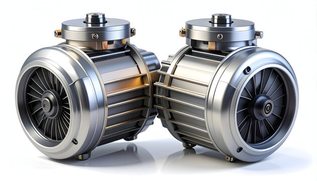 A pair of silver aluminum drone brushless motors with high-precision turbine details. A premium commercial technology asset for drone catalogs, e-advertising, and modern aviation industry content. 3D 
