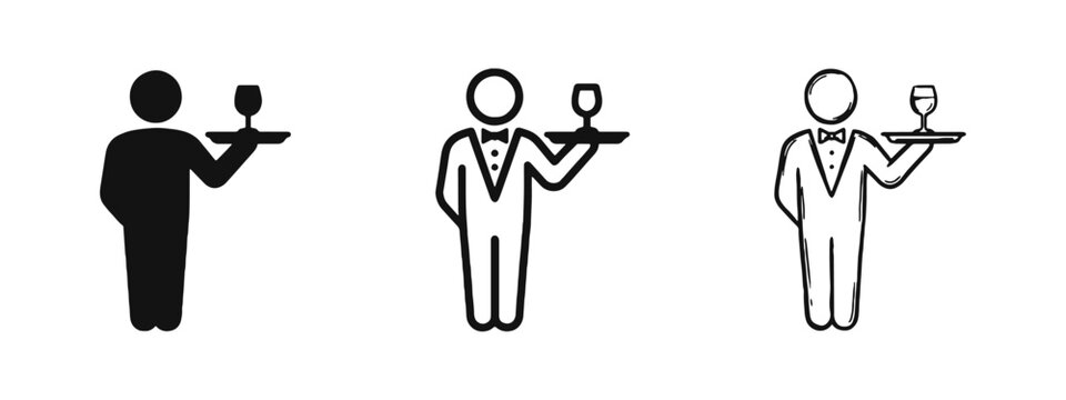 Waiter and catering service icon set, server holding tray with wine glass