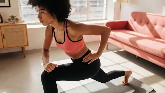 Starting deep lunge woman doing forward lunges on home mat in pink-bra black-leggings for fitness