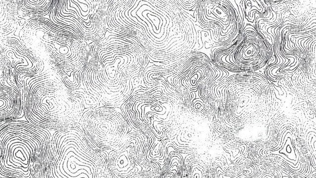 Black and white topographic contour map pattern with wavy lines and swirling shapes