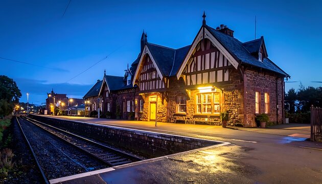 Rustic train station at dusk, featuring brick, half-timbering, and inviting light emanating from inside the building