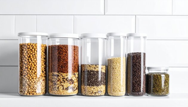 A neat display of various healthy edible seeds stored in clear glass canisters on a kitchen counter in front of white tiled walls, showcasing modern pantry organization and wellness lifestyle.