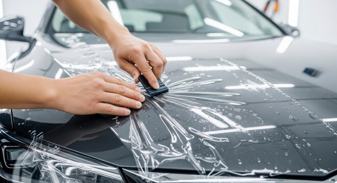 hand applying car paint protection film